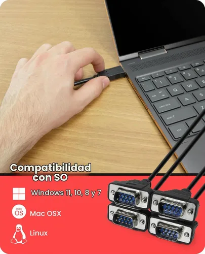 Vista 3 de Gearmo Adaptador RS-232 de 4 puertos a USB con indicadores LED, 5 pies de longitud, chipset FTDI, protección ESD, compatible con Windows/macOS/Linux