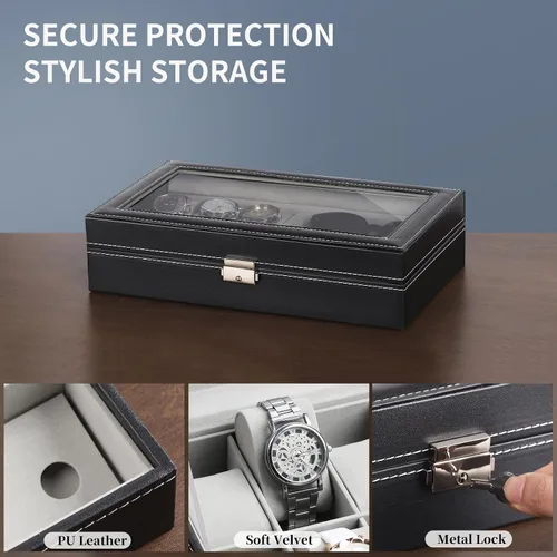 Vista 4 de AUTOARK AW-004 - Caja de cuero para 6 relojes y 3 lentes y gafas de sol con organizador de joyas, cajas de almacenamiento para hombre y mujer, tapa
