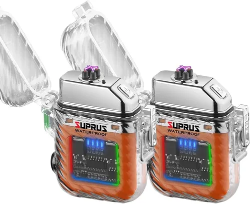 Vista 10 de SUPRUS Luminoso 3 modos de linterna resistente al viento, impermeable, encendedor eléctrico recargable de plasma de doble arco con silbato de Negro