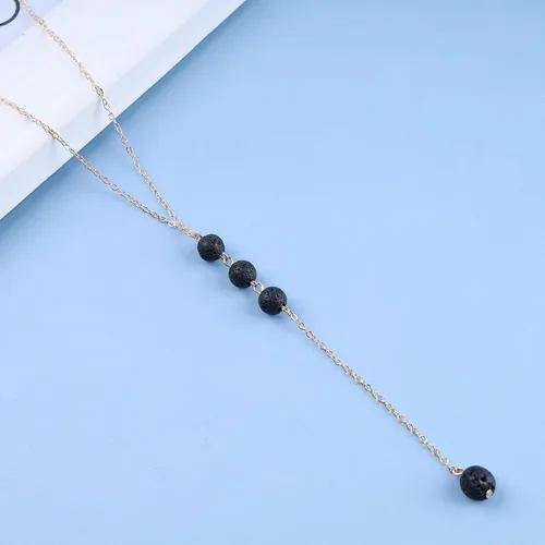 Vista 5 de Andelaisi Collar bohemio con cuentas de lava Lariat Y de piedra de lava negra, collar de cuentas de lava vintage, collar de cadena redonda de piedra