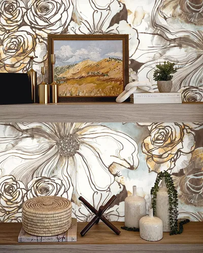 Vista 5 de NextWall Harry & Grace Ink Rose - Papel tapiz para despegar y pegar, diseño floral abstracto (Mocha y Niebla Azul)