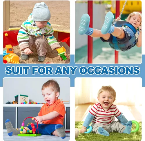 Vista 2 de ELUTONG - Calcetines de agarre para niños, paquete de 12 unidades, antideslizantes, calcetines de tripa para bebés y niños de 1 a 7 años, niños