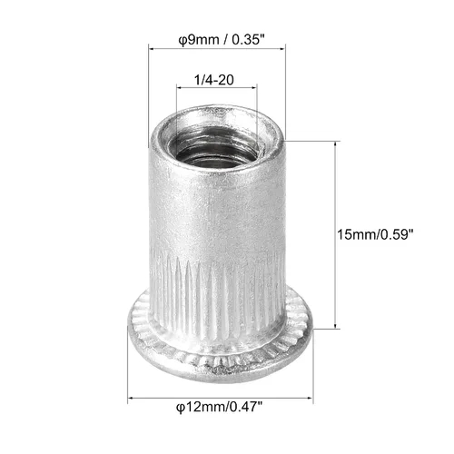 Vista 2 de uxcell 1/4-20 Tuercas de remache de aleación de aluminio moleteado cabeza plana roscada tuerca de inserción plateada 25pcs