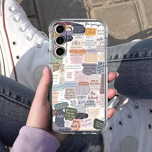 Vista 5 de Funda con versículos bíblicos para Samsung Galaxy S23 Plus, collage de citas de Jesús cristiano, funda protectora de TPU suave de moda compatible