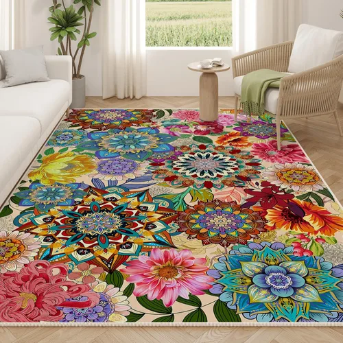 Vista 26 de Alfombra Floral Boho 2x3, Alfombra de Entrada Interior con Flores Coloridas Antideslizante Alfombra Pequeña para Área de Entrada Cocina Baño