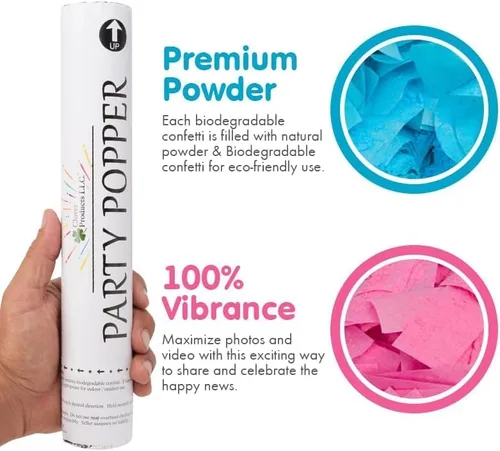 Vista 3 de Clover Products - Cañones de revelación de género – Paquete de 4 (2 azules y 2 rosas) Poppers de confeti y polvo de 12 pulgadas Alimentado por