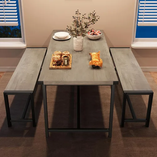 Vista 5 de Juego de mesa de comedor para 4 personas con 2 bancos, juego de mesa de cocina de 3 piezas, juego de comedor que ahorra espacio para cocina, Gris