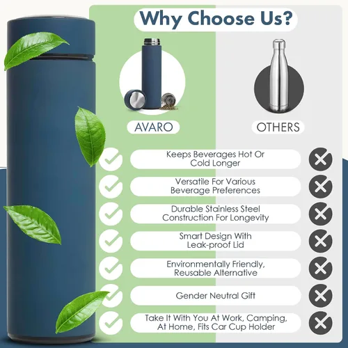 Vista 8 de AVARO Termo para todas las bebidas, taza de té de acero inoxidable de 16.9 onzas con infusor de té corto, botella de agua aislada de doble pared