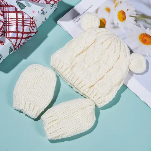 Vista 5 de Juego de 2 gorros de invierno para recién nacidos, guantes para bebés, niñas y niños pequeños, cálidos sombreros de punto, guantes de otoño