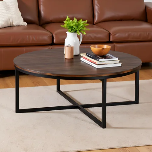 Vista 6 de Arcadia - Mesa de centro redonda de madera de acacia de 42 pulgadas, mesa industrial para sala de estar con acabado moca envejecido y patas