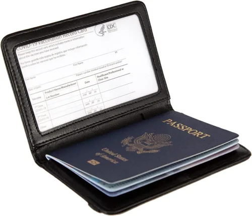 Vista 5 de Combo de portatarjetas de pasaporte y vacunación con bloqueo RFID, funda de piel con bloqueo RFID, organizador de documentos de viaje, protector