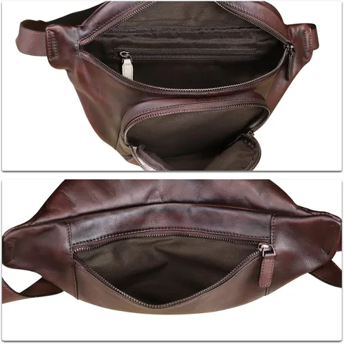 Vista 7 de Riñonera de cuero genuino para mujeres y hombres, bolso cruzado de cuero real vintage, bolso cruzado de moda para la cintura, Café, Riñonera