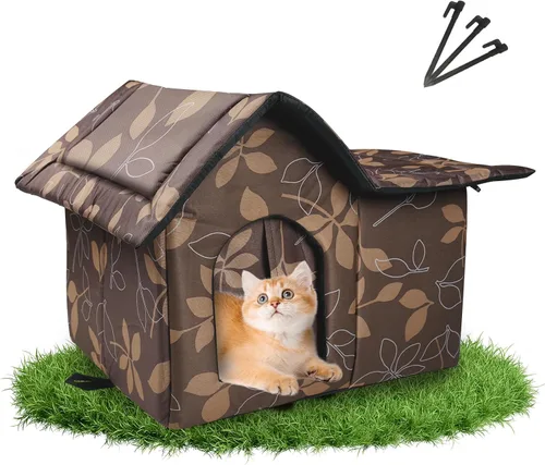 Vista 8 de Casa para gatos al aire libre para gatos al aire libre, casa para gatos para invierno, refugio plegable para gatos callejeros con alfombra, puerta