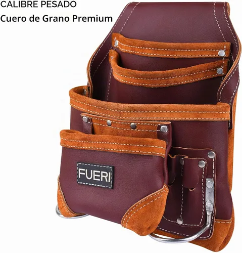 Vista 6 de Bolsa profesional de 10 bolsillos para herramientas de carpintero Cuero de grano premium resistente, soporte de marco ajustable de refuerzo