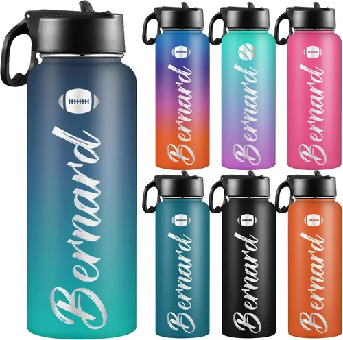 Vista 22 de Botellas de agua personalizadas para niñas, de acero inoxidable con aislamiento de doble pared con pajita, botella de agua de color degradado