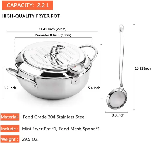 Vista 7 de Olla para freír con cesta de bandeja de gota de aceite y termómetro de aceite Tempura de estilo japonés, mini freidoras pequeñas, para el hogar.