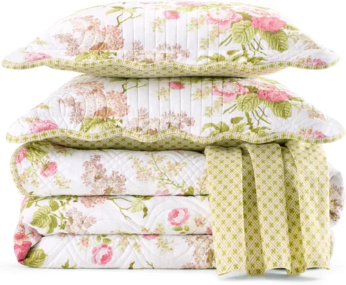 Vista 19 de Waverly Forever Peony - Juego de edredón de 4 piezas, 100% algodón, estampado floral de bayas, tamaño matrimonial/queen, con 2 fundas de almohada