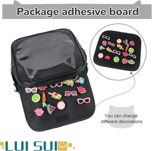 Vista 5 de LUI SUI Bolso Ita para mujer, bolso cruzado kawaii, lindo gato, bolso de mensajero, mochila transparente, bolso de hombro con pin