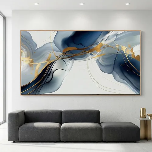 Vista 2 de HUADAOART Arte para pared, pintura abstracta, arte moderno, fondo dorado y azul, impresiones en lienzo para sala de estar, dormitorio, obras de arte