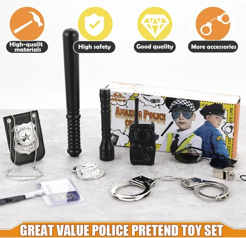 Vista 4 de 3 otters Juego de 9 juguetes de policía de simulación, accesorios de policía para niños, incluye insignia, esposas, walkie y más para fiesta
