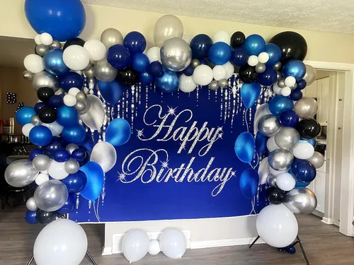 Vista 2 de Cartel de fondo de feliz cumpleaños azul marino y plateado para hombres, mujeres, fondo de fotografía de jubilación, suministros de decoración