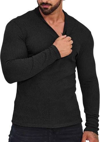 Vista 2 de ZAFUL Suéter con cuello en V para hombre, ligero, manga larga, tejido ajustado, suéter térmico