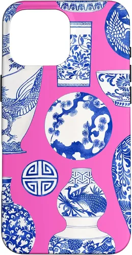 Vista 19 de iPhone 16 Blue Willow Chinoiserie Jengibre Tarro Fresco Preppy Rosa Azul Caso