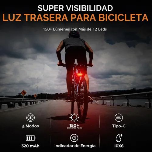 Vista 6 de Luz trasera de bicicleta recargable, IPX6 impermeable 220 amplia visibleSafety modo linterna carretera montaña paseo nocturno