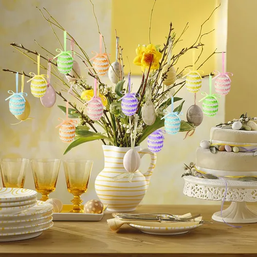 Vista 6 de 30 huevos de lentejuelas colgantes de Pascua, adornos de huevos de Pascua de 1.6 pulgadas con lazo, adornos de árbol de huevo colgantes de primavera