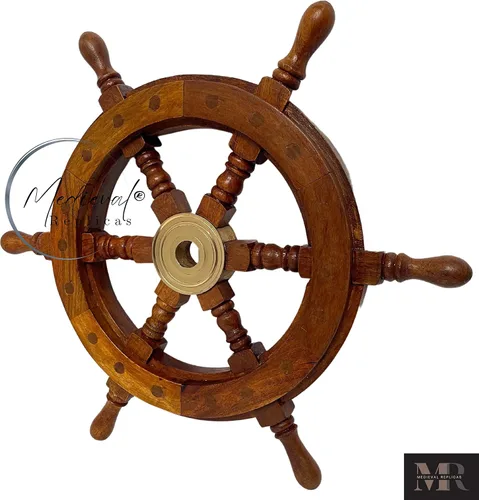 Vista 3 de Medieval Replicas Rueda de latón Rueda de barco de madera náutica 12 pulgadas, 12 pulgadas