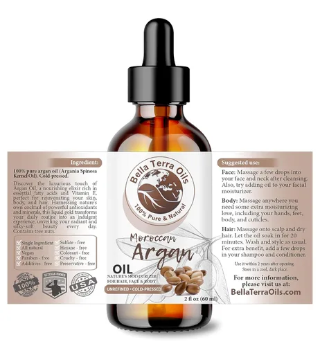 Vista 2 de Bella Terra Oils - Aceite de argán de 2 onzas - Aceite para el cabello encrespado, lleno de vitamina E y grasas Omega, el mejor suero para pieles