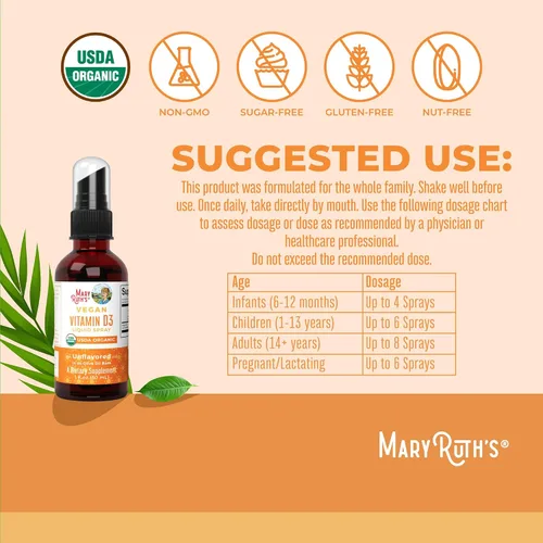 Vista 3 de MaryRuth Organics Vitamina D USDA Orgánica VIT D3 Líquido Sin Azúcar Spray Líquido de VIT D de Apoyo Inmunológico para Adultos y Niños Salud