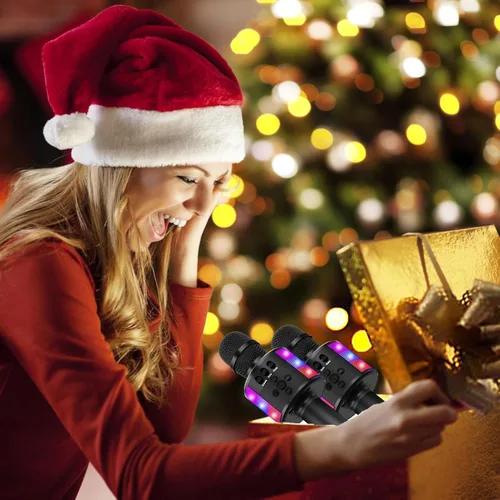Vista 8 de Micrófono de karaoke BONAOK para niños y adultos - micrófonos Bluetooth con luces de disco, efecto eco, altavoz incorporado, reproductor de karaoke