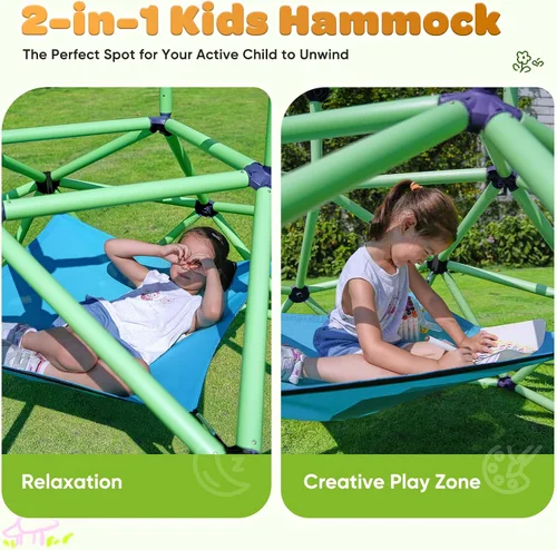 Vista 6 de Zupapa Monkey Bars Cúpula de Escalada con Hamaca - Gimnasio de la Jungla Resistente y Portátil con Hamaca para Niños, Conjunto de Juegos de Patio