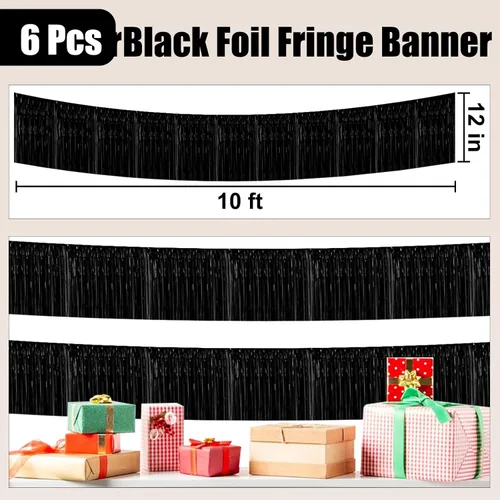 Vista 2 de Paquete de 6 guirnaldas de flecos de papel de aluminio negro de 10 pies con serpentinas metálicas de oropel para colgar en la pared, telón de fondo