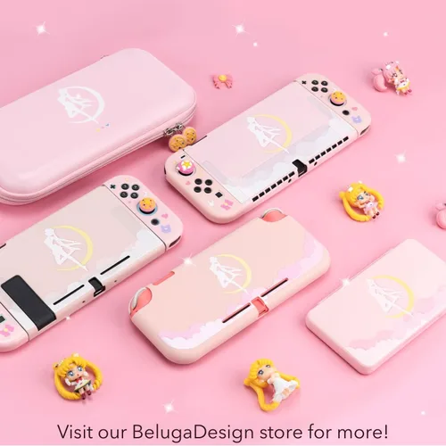 Vista 6 de BelugaDesign Moon Switch Bundle Cute Kawaii Magical Girl Anime Carry Case Snap-On Cover Thumb Grips Compatible with Nintendo Switch Lite