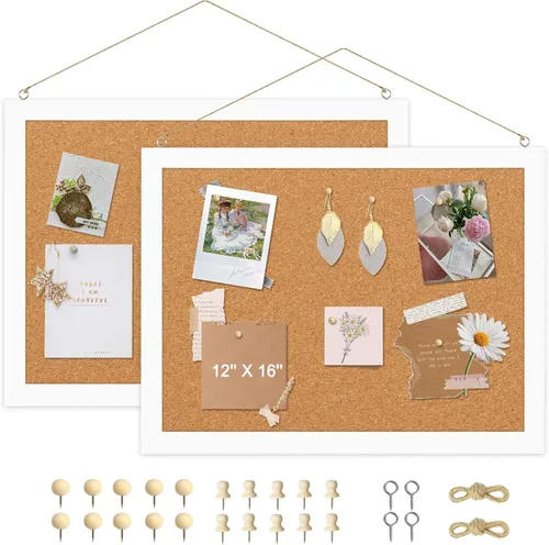 Vista 11 de Tablero de corcho de doble cara con lino, tablero de anuncios pequeño con marco de madera colgante de 12 x 12 pulgadas, kit de tablero de visión