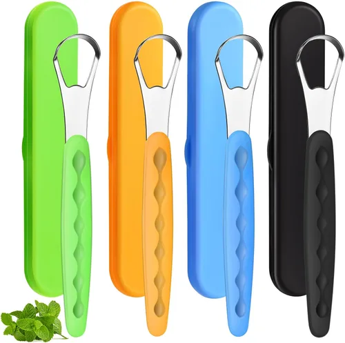 Vista 8 de 4 piezas de limpiador de lengua para adultos y niños, cepillo de lengua de acero inoxidable, raspador de metal, reduce el mal aliento con fundas