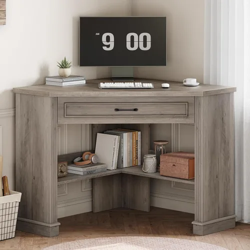 Vista 11 de SEDETA Farmhouse Corner Desk for Small Space, White Small Computer Desk Black and Brown