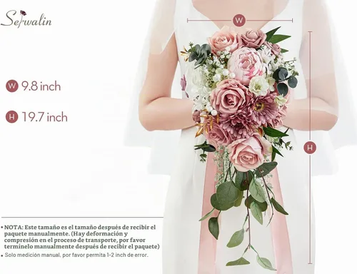 Vista 3 de Serwalin Ramos de boda de 9.8 pulgadas para novia y dama de honor, peonías rosa empolvado, ramos de flores de novia para boda, ramo de lanzamiento