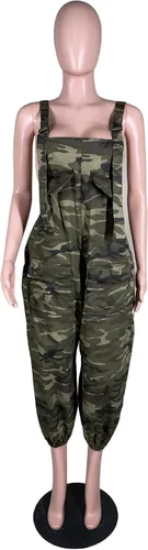 Vista 4 de Overol sexy de camuflaje para mujer, sin negro, holgado, con pechera, con bolsillos
