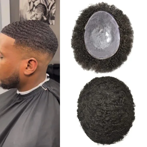 Vista 8 de Unidad de cabello humano para hombres afroamericanos africanos americanos, cabello brasileño afro tupé para hombres negros de 0.236 in de onda de #1