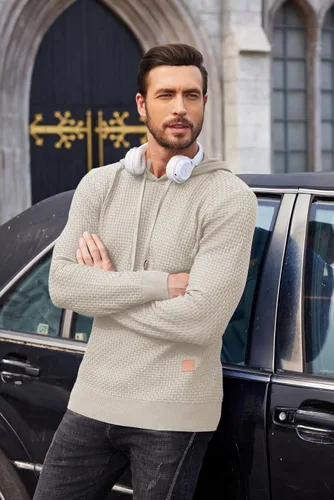 Vista 2 de COOFANDY Sudadera con capucha de punto para hombre, estilo hipster, casual, manga larga, suéter tipo polo ajustado