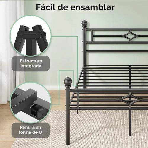 Vista 6 de BedsPick - Base de cama tamaño Queen con cabecera y estribo, marco de cama de plataforma de metal con esquinas redondeadas, soporte de listones