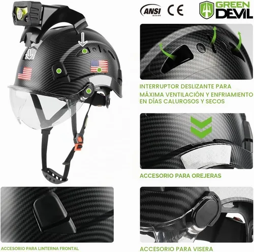 Vista 2 de GREEN DEVIL Casco de seguridad con luz recargable para faros delanteros y forro para casco, correa para barbilla, para hombre, ventilada
