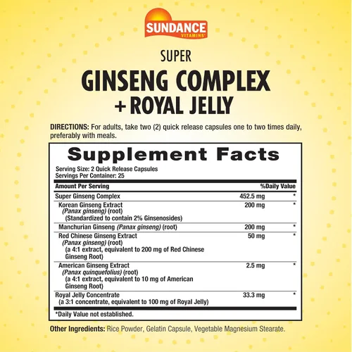 Vista 2 de Sundance Super Ginseng Complex con jalea real 50 cápsulas de liberación rápida Suplemento de hierbas tradicionales sin OMG y sin gluten