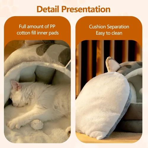 Vista 5 de Bonita cama para gatos, cama interior para gatos con cojín extraíble, casa de campaña de felpa para mascotas, diseño de orejas de dibujos animados