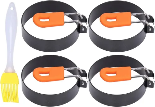 Vista 7 de Haofy Egg Rings 4Pcs Stainless Steel Silicone Non Stick Fried Egg for Breakfast Hamburger Patty, Heat Insulation Handle Easy Demolding with Cleaning