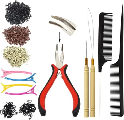 Vista 8 de Kit de herramientas para extensiones de cabello: 500 cuentas de silicona con microlíneas (negro) enhebrador de aguja de bucle, aguja de gancho