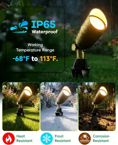 Vista 5 de Luz de paisaje de latón de bajo voltaje, foco sólido para exteriores con bombilla LED MR16 reemplazable de 5 W, 2700 K blanco cálido, iluminación